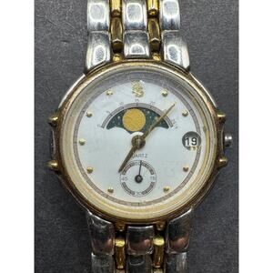 Vintage PB Quartz Moon Phase Date Two Tone Stainless Steel Watch 5ATM